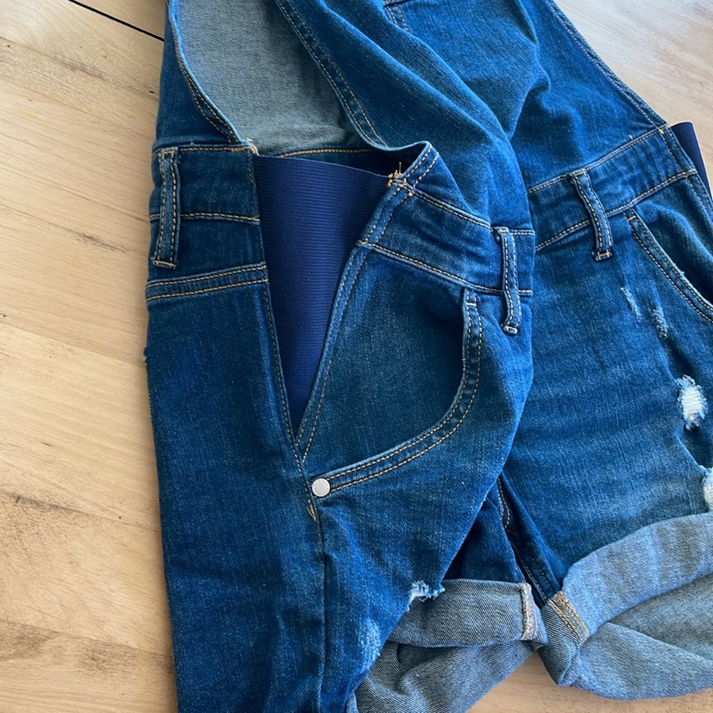 Indigo Blue Maternity Overall Denim Shorts - Comfort Flex Waistband - Medium - Picture 3 of 6